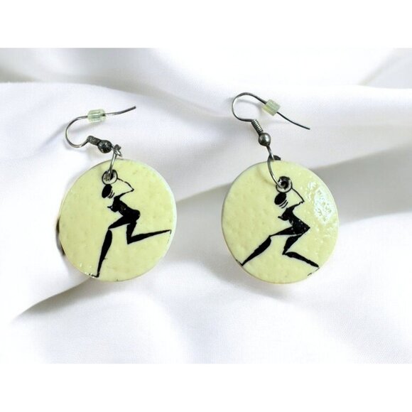 Handmade Cream Round Shell Earrings With Black Silhouette Art - Picture 3 of 9